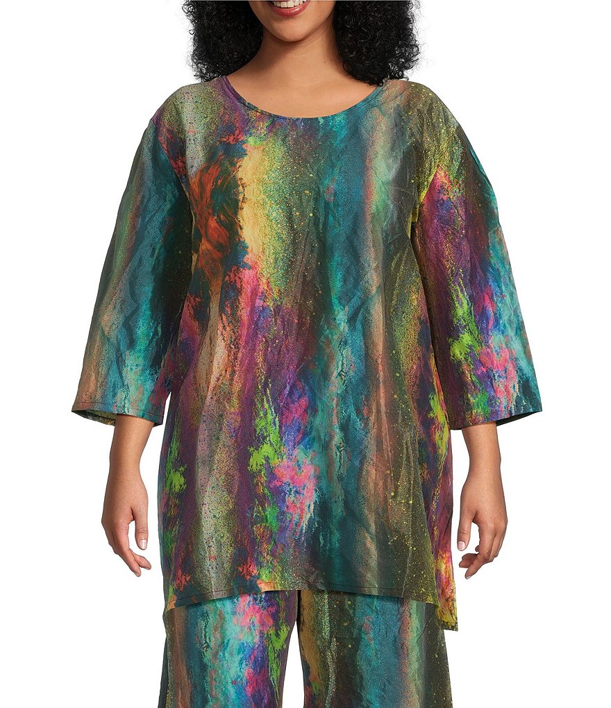 Bryn Walker Plus Size Jaida Taffeta Nebulosa Print Scoop Neck 3 4