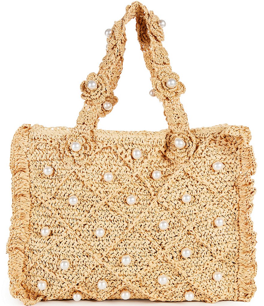 Btb Los Angeles Santorni Raffia Floral Pearl Embellished Tote Bag ...