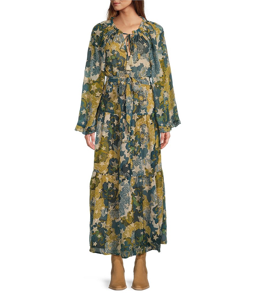 BTFL-life Kira Embroidered Print Split V-Neck Long Sleeve Maxi Dress ...