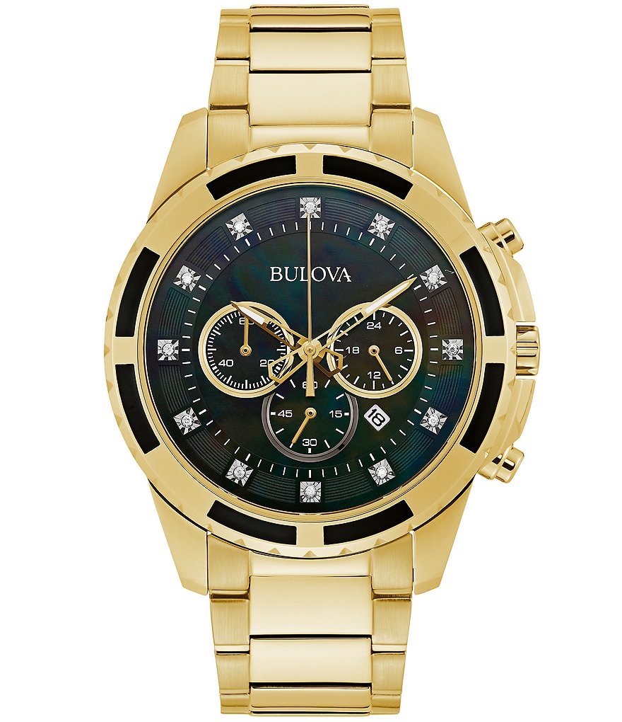 Bulova black outlet and gold watch