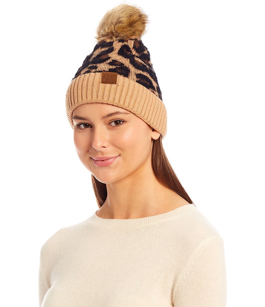 C C Beanies Leopard Faux Fur Pom Beanie Dillards