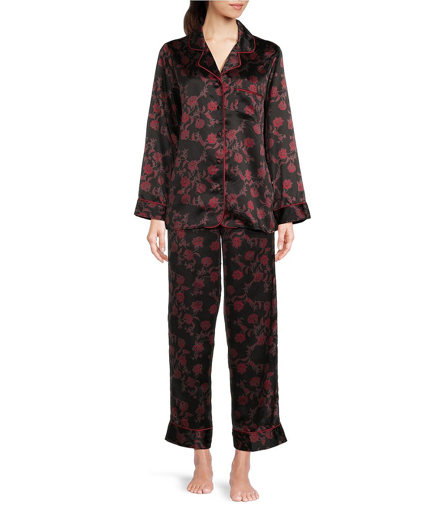 Cabernet Satin Floral Print Long Sleeve Notch Collar Coordinating