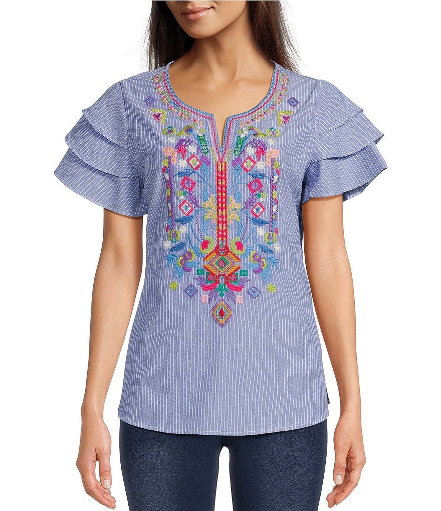 Calessa Embroidered Patchwork Split Round Neck Tiered Short Sleeve