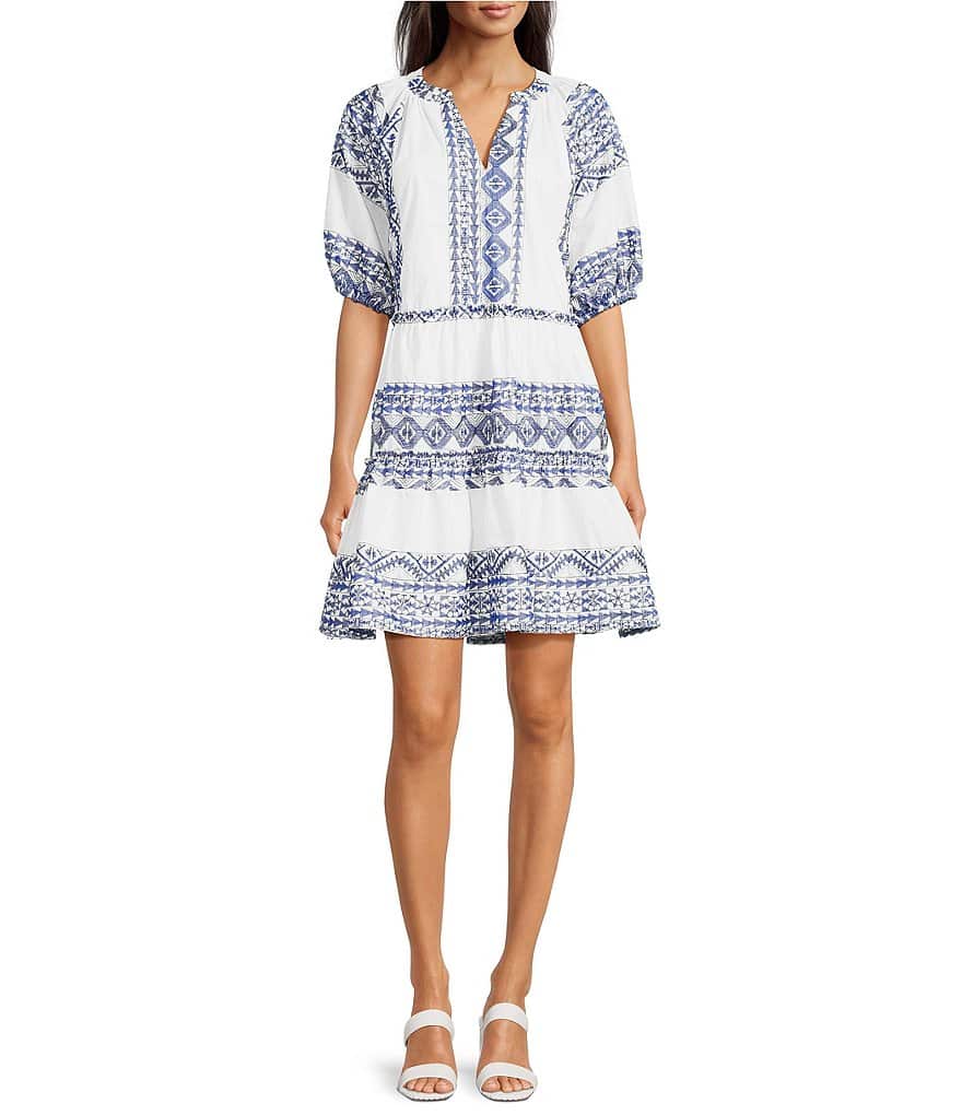 Calessa Embroidered Printed Band Collar Split V-Neck 3/4 Calessa Embroidered Printed Band Collar Split V-Neck 3/4