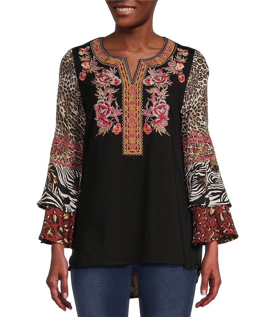 Calessa Floral Embroidered Patchwork Knit Split V Neck 3 4 Tiered