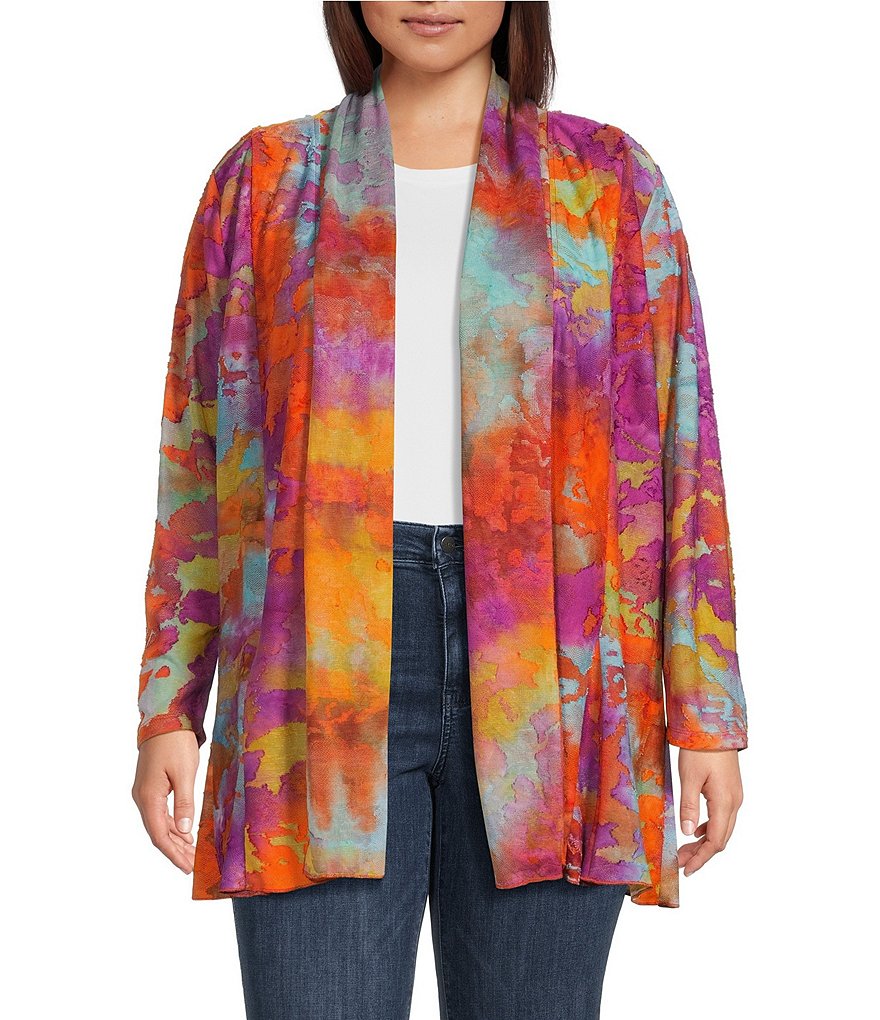 Calessa Plus Size Burnout Tie-Dye Open-Front Knit Cardigan Calessa Plus Size Burnout Tie-Dye Open-Front Knit Cardigan