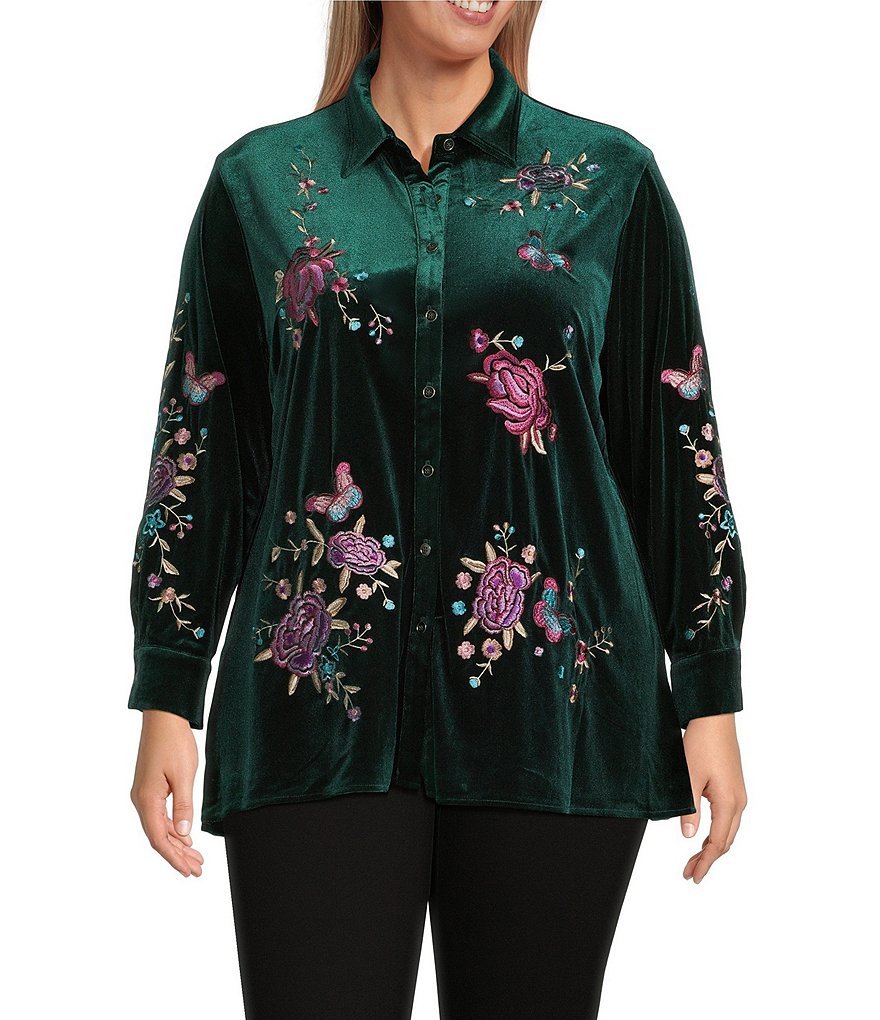 Calessa Plus Size Embroidered Floral Point Collar Long Sleeve
