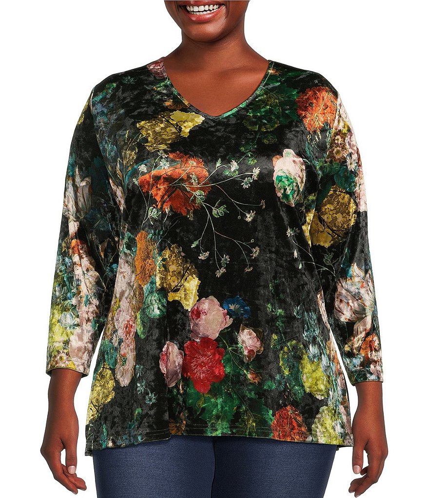 Calessa Plus Size Floral Velvet Knit V Neck 34 Sleeve Tunic Dillards 0435