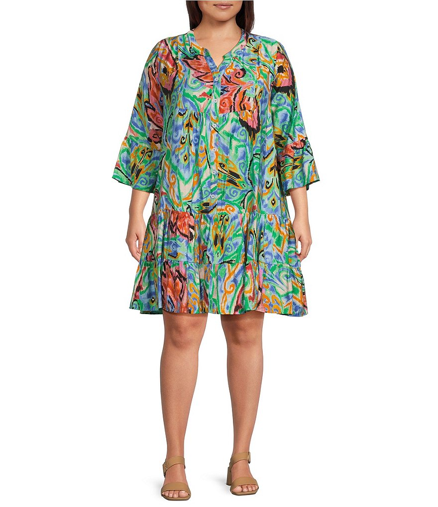 Calessa Plus Size New Mosaic Print Band Collar Split V-Neck