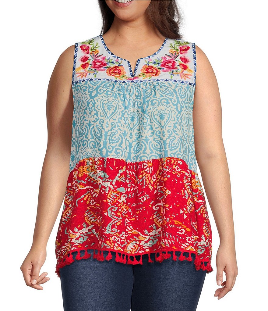 Calessa Plus Size Patchwork Peasant Split V Neck Sleeveless Blouse