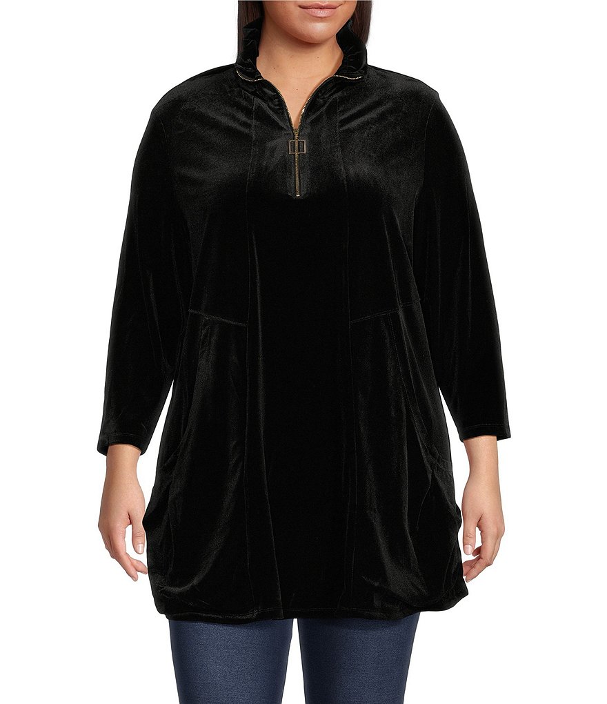 Calessa Plus Size Solid Velvet knit Zip Wire Collar 3/4 Sleeve Front ...
