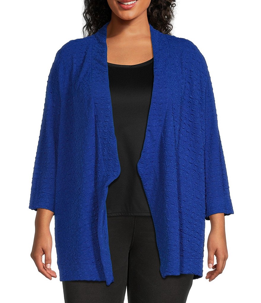 Calessa Plus Size Textured Popcorn Knit Draped Open Front 3/4