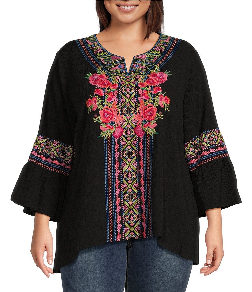 Calessa Plus Size Woven Embroidered Patchwork 3 4 Sleeve Split Tie V