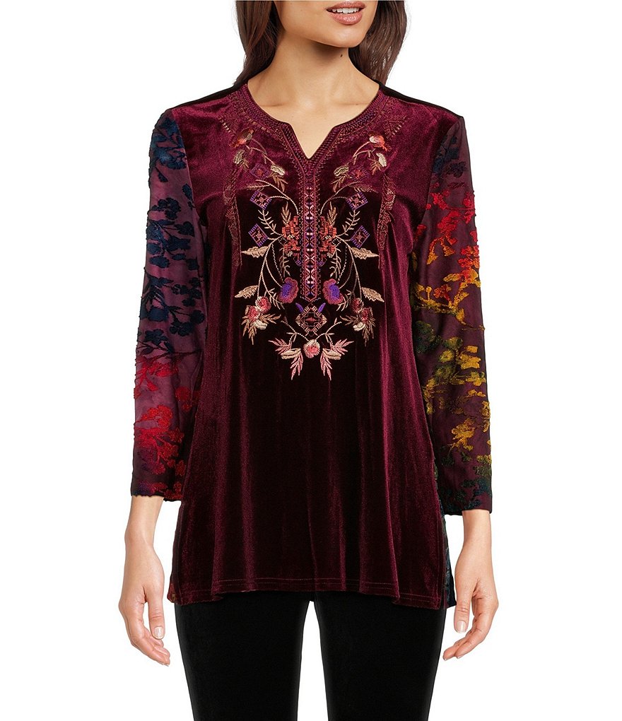 Calessa Tie Dye Velvet Embroidered Split V Neck 3 4 Sleeve Burnout Back