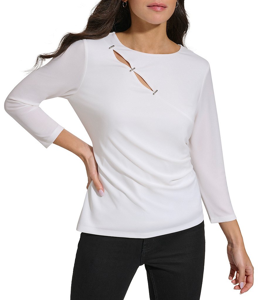 Calvin Klein 3 4 Sleeve Staple Hardware Cut Out Top Dillard s