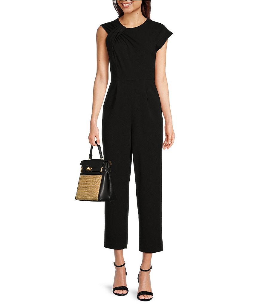 Calvin Klein Short Sleeve Crew Neck Tie Waist Scuba Crepe Jumpsuit