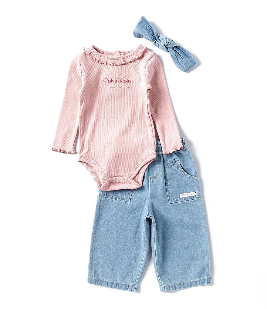 Calvin Klein Baby Girls 12 24 Months Long Sleeve Logo Ribbed Bodysuit Denim Pull On Pants Set Dillard s