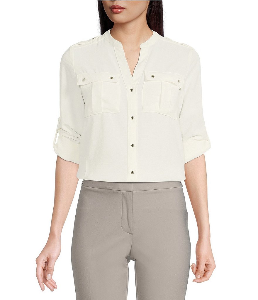 Calvin Klein Banded Collar Pocket Detail Long Roll-Tab Sleeve Blouse