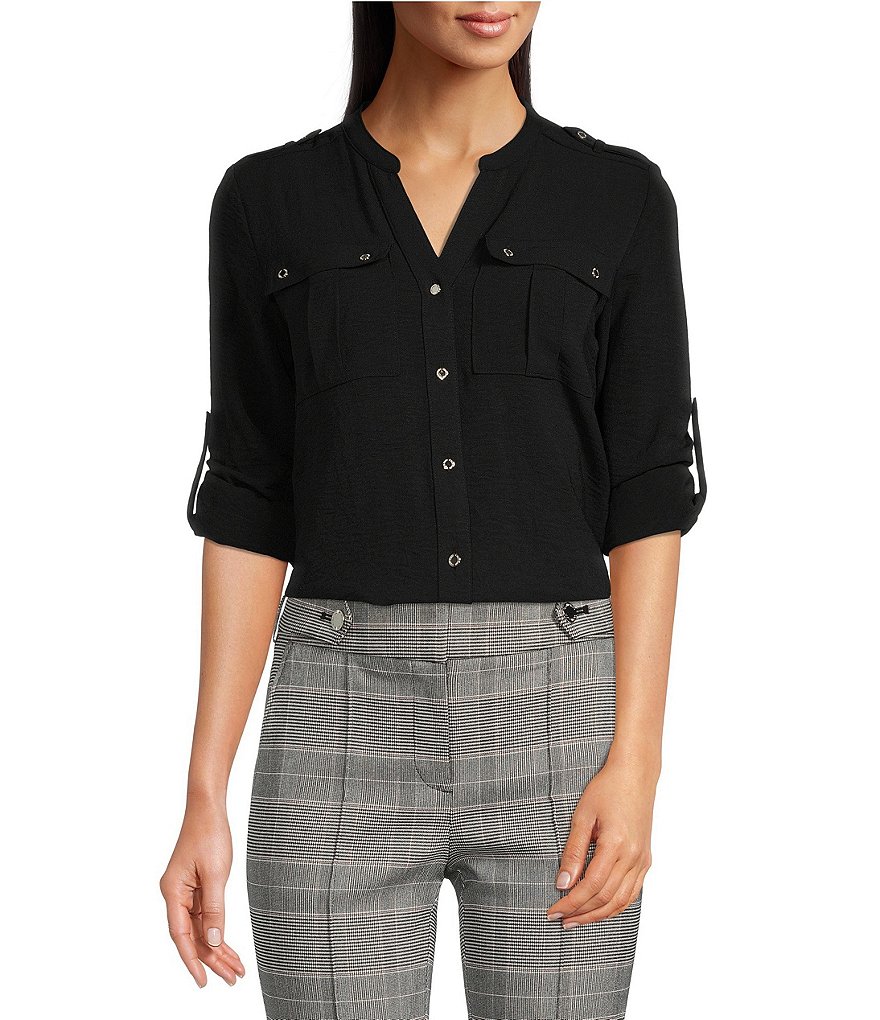 Calvin Klein Banded Collar Pocket Detail Long Roll-Tab Sleeve Blouse