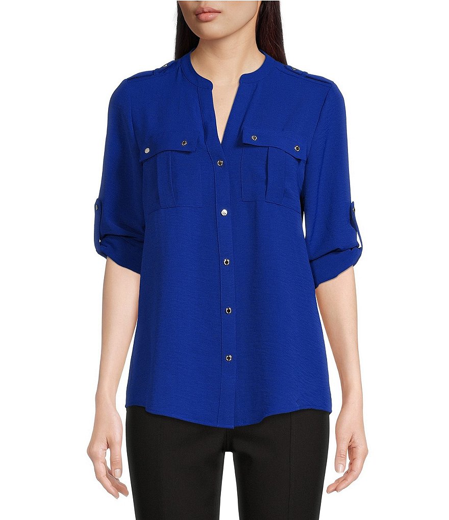 Calvin Klein Banded Collar Pocket Detail Long Roll-Tab Sleeve Blouse