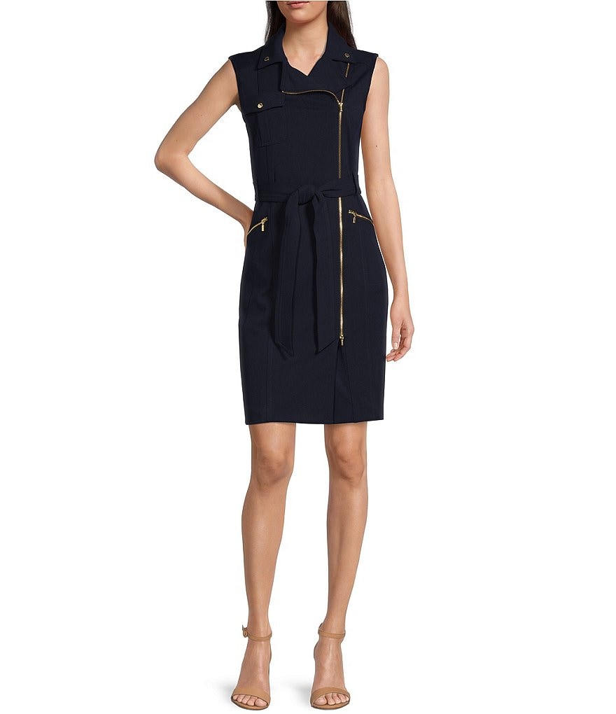 Calvin Klein Notch Collar Zip Front Belted Sleeveless Scuba Crepe Shirt  Dress | Dillard's