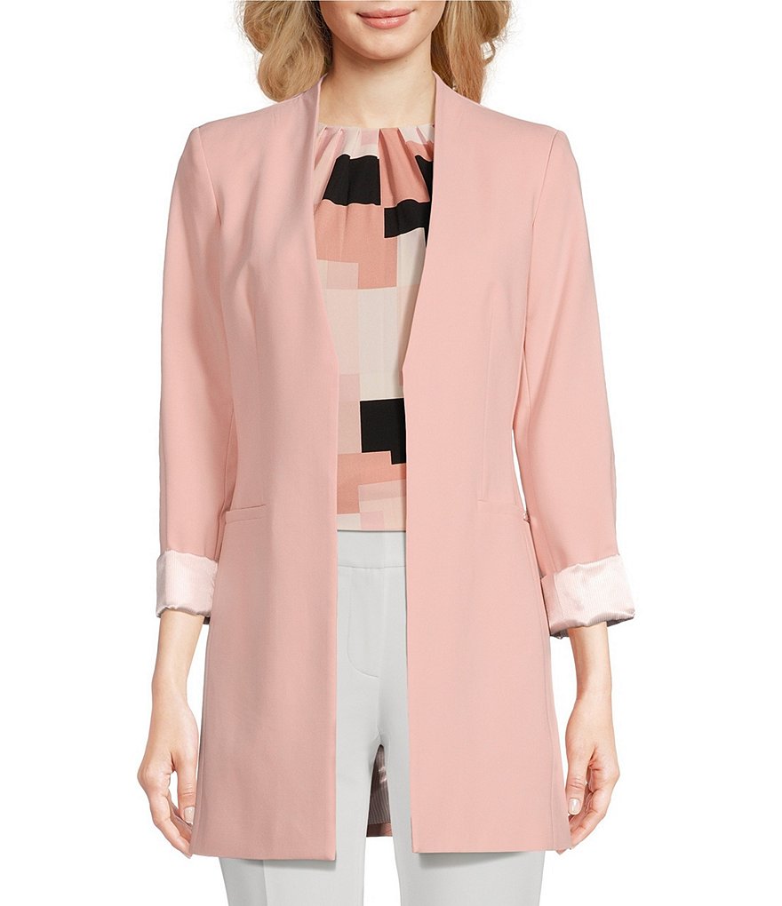 Calvin klein satin stripe roll deals cuff long open front jacket