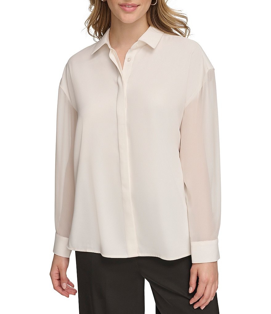 Collar Long Slit | Dillard\'s Crepe Front Sleeve Calvin Side Sheer Button Blouse Klein Point