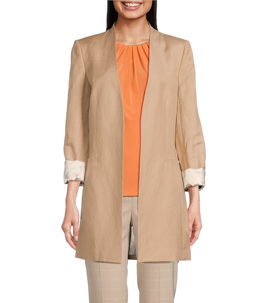 Calvin Klein Linen Blend Contrast Lining Long Satin Roll Tab Sleeve Coordinating Open Front Jacket