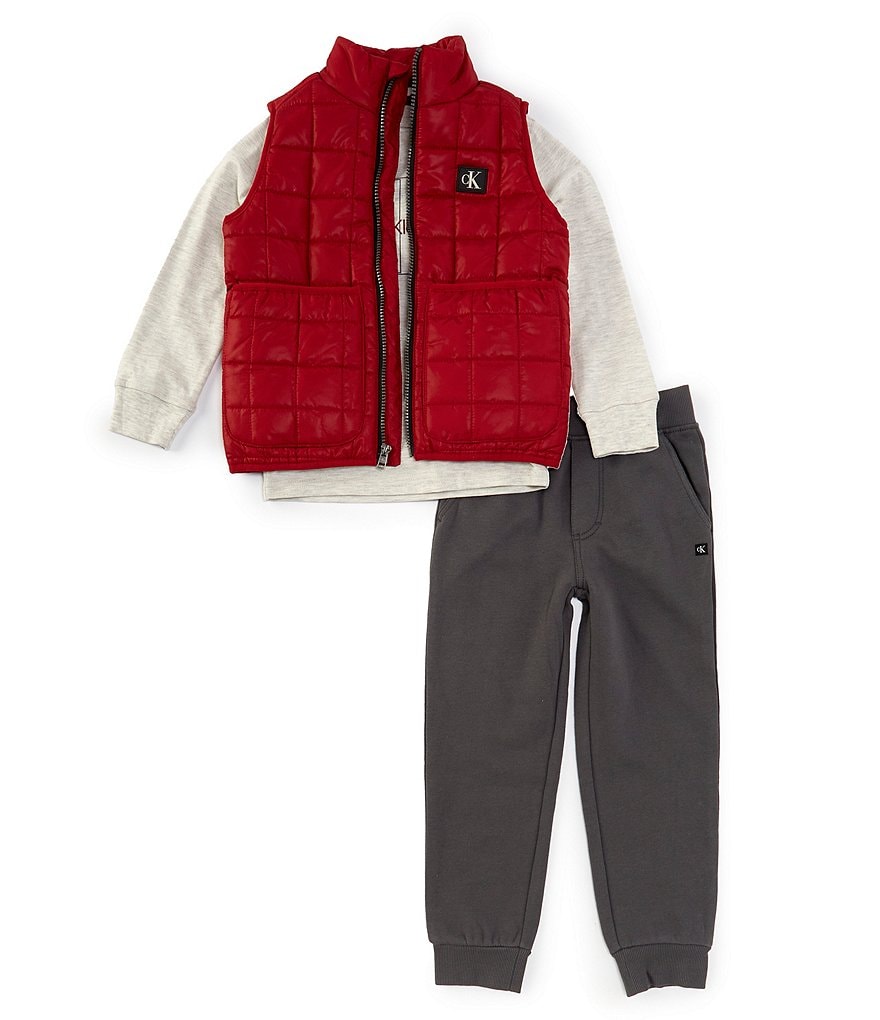 Calvin Klein Little Boys 2T 7 Sleeveless Quilted Microfiber Vest Long Sleeve Logo Knit T Shirt Fleece Jogger Pant Set Dillard s