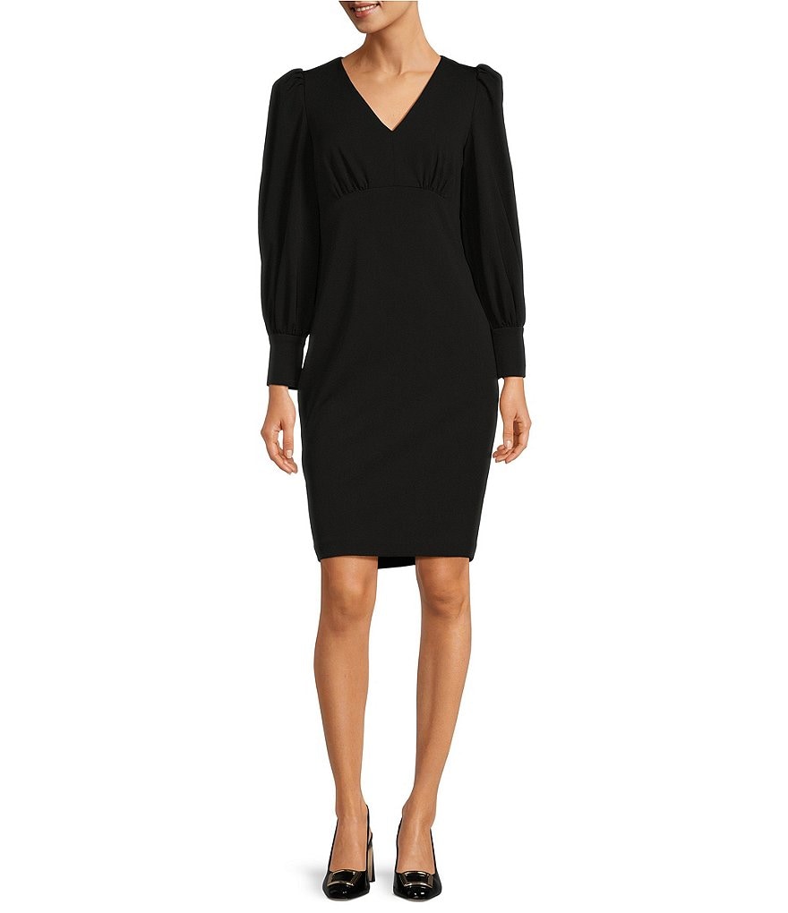 Calvin Klein Long Bishop Sleeve V-Neck Scuba Crepe Sheath Dress | Dillard's