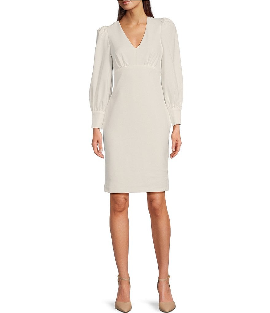 Calvin Klein Long Bishop Sleeve V-Neck Scuba Crepe Sheath Dress | Dillard\'s