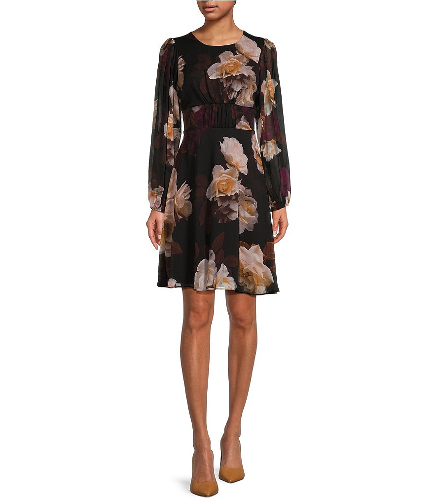 Calvin Klein Long Sleeve Jewel Neck Floral Chiffon Short Sheath Dress ...