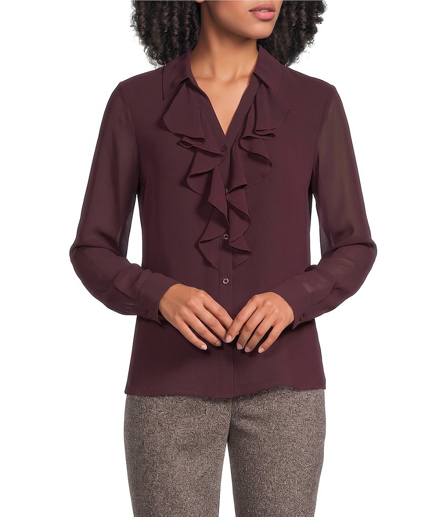 Long Sleeve Ruffle Front Blouse