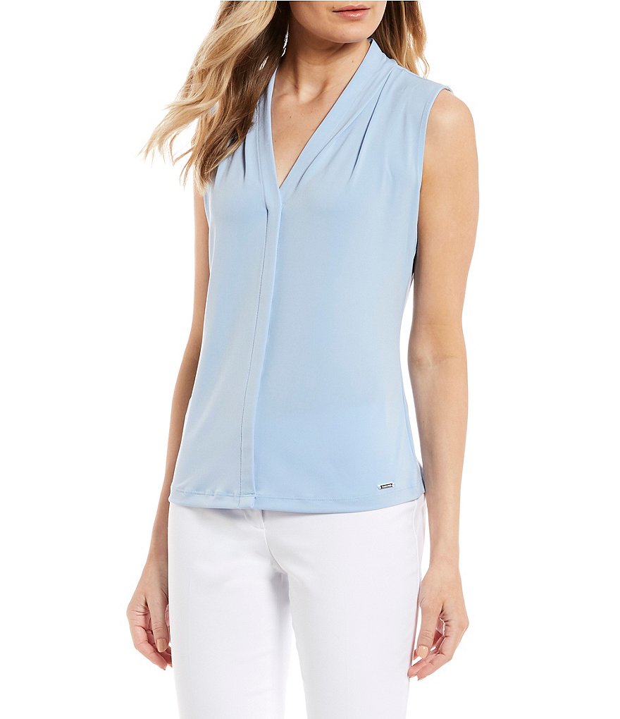 Calvin Klein Matte Jersey V-Neck Shoulder Pleat Sleeveless Top | Dillard's