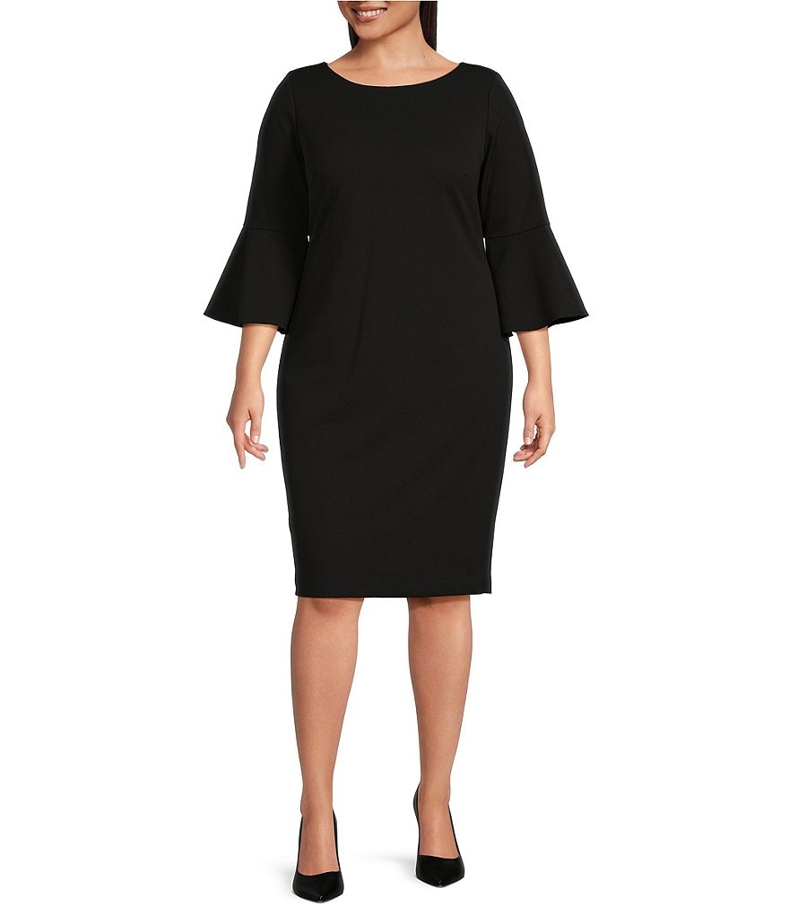 Calvin Klein Plus Size Round Neck 3/4 Bell Sleeve Sheath Dress | Dillard's