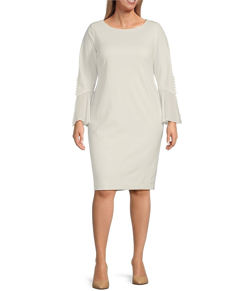 Calvin Klein Plus Size Round Neck Bell Long Sleeve Sheath Dress | Dillard's