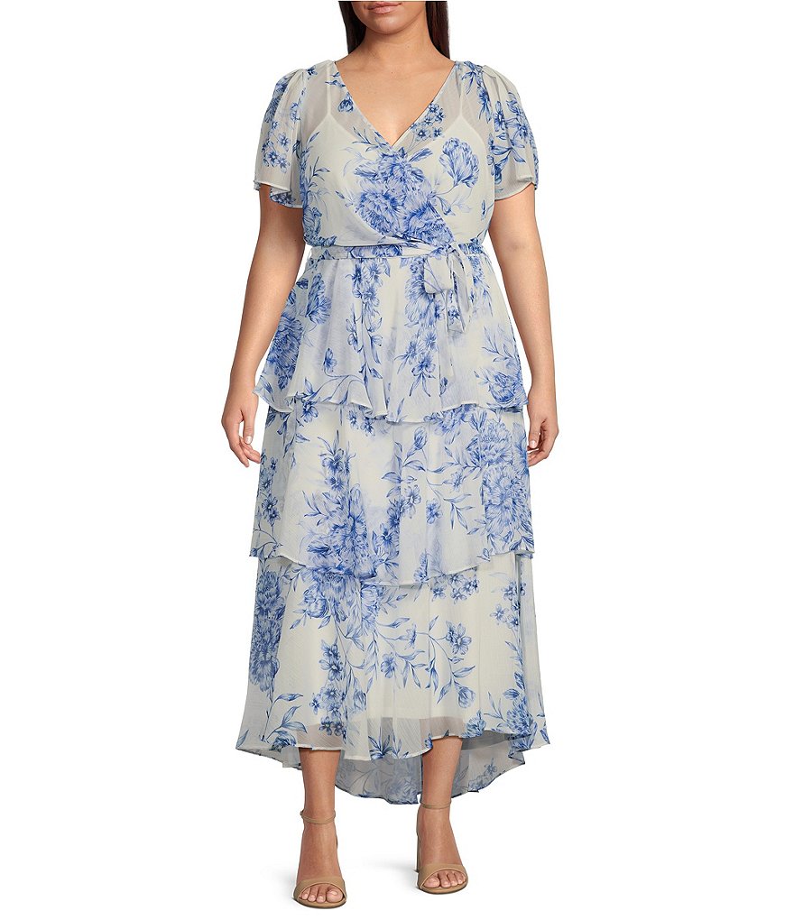 Calvin Klein Plus Size Crinkle Chiffon Floral Printed Short Sleeve V-Neck  Tie Waist Tiered Midi Dress