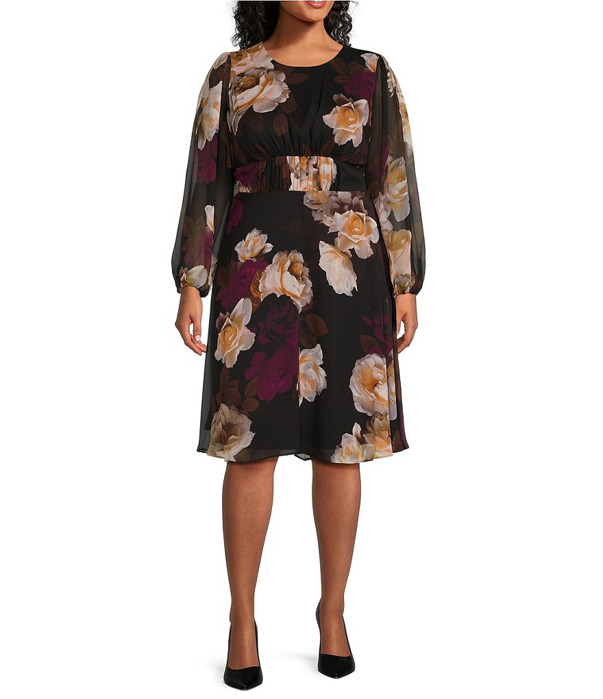 Calvin Klein Plus Size Floral Print Long Sleeve Crinkled Chiffon Sheath ...