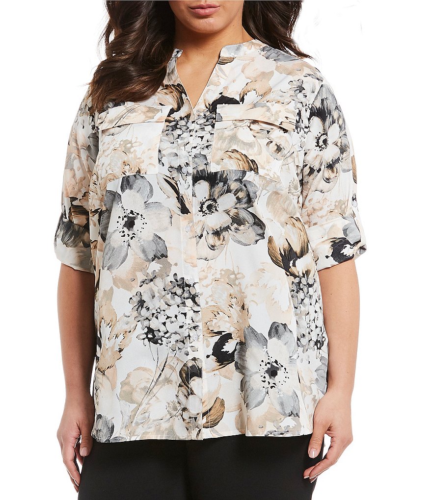 Button Up Roll Tab Sleeve Printed Blouse