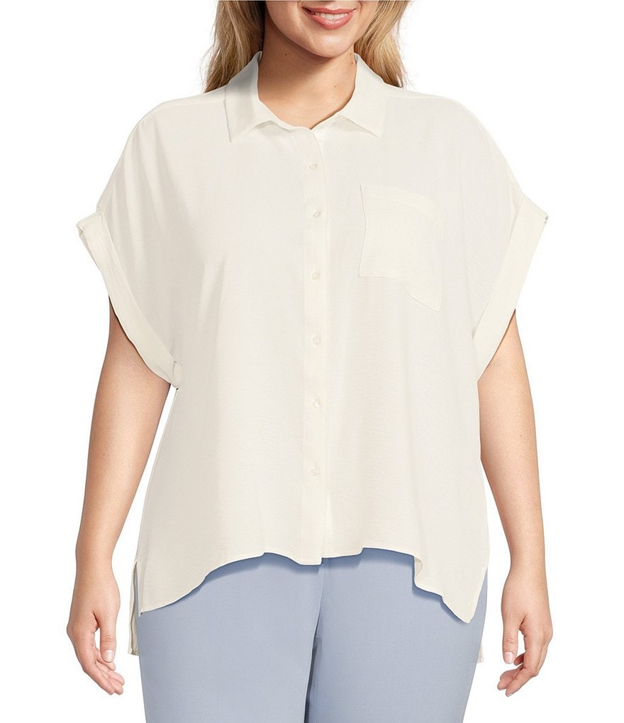 Calvin Klein Plus Size Puckered Woven Short Cuffed Sleeve Button Front  Point Collar High-Low Top | Dillard's