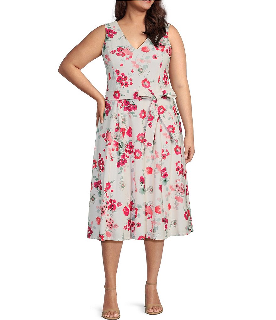 Calvin Klein Plus Size Sleeveless V Neck Tie Waist Floral Fit And Flare Dress Dillard s