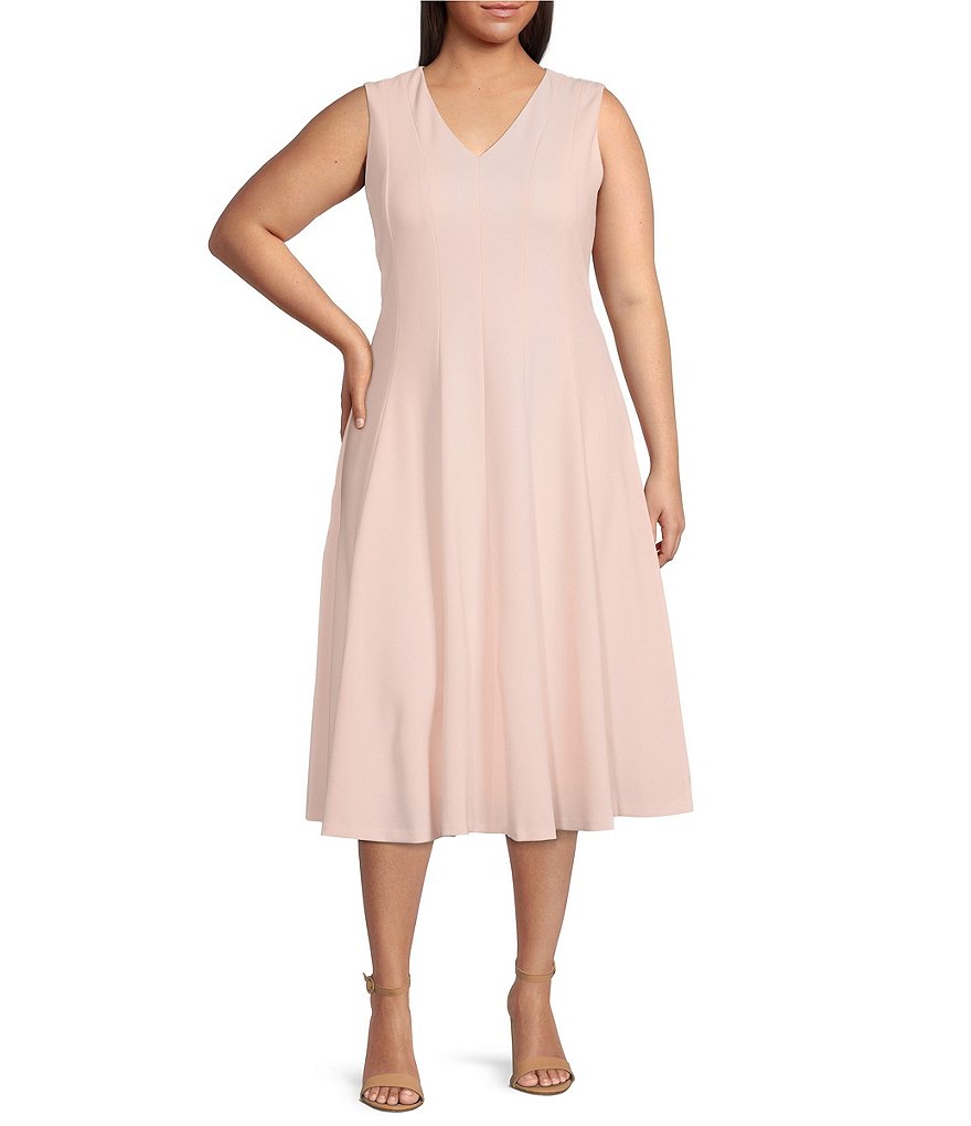 Calvin Klein Plus Size V Neck Sleeveless Scuba Crepe Fit And Flare Midi Dress Dillards 