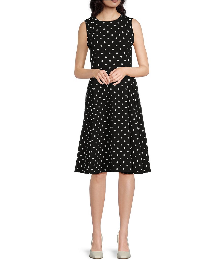 Calvin Klein Polka Dot Scuba Crepe Sleeveless Crew Neck Midi Dress ...