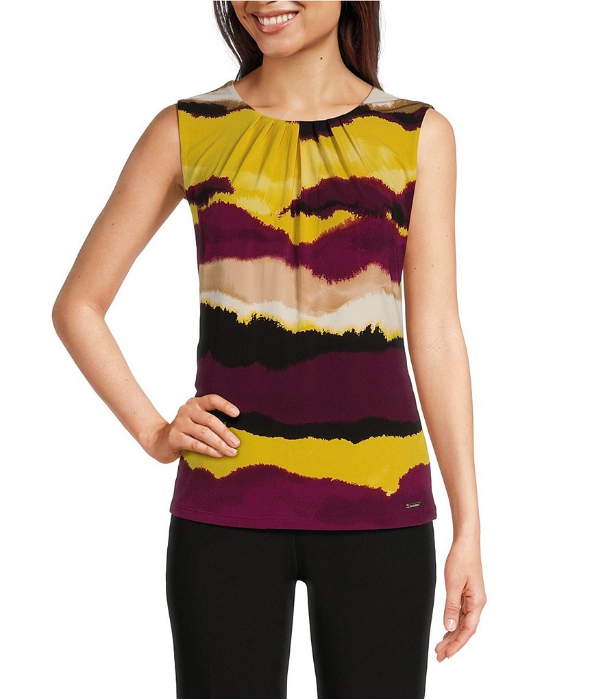 Calvin Klein Printed Sleeveless Pleat Neck Cami Top | Dillard's