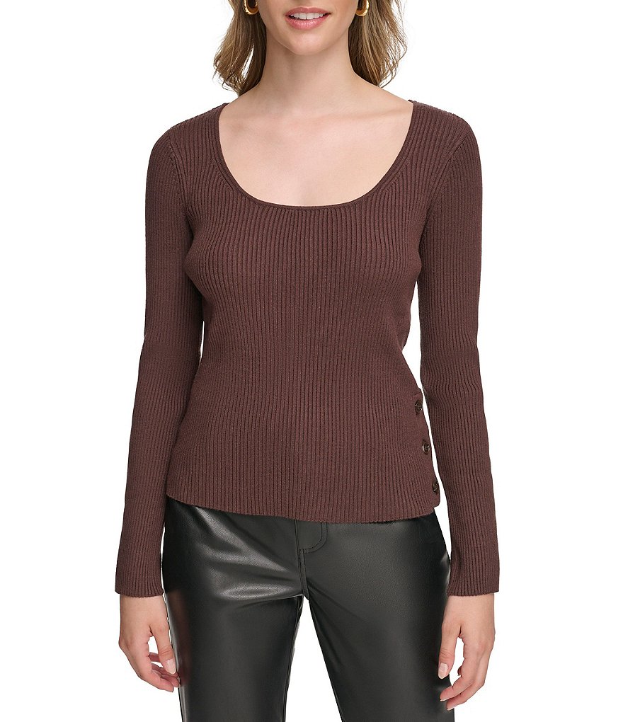 Long Sleeve Ribbed Knit Shirts for Women Button Down Scoop Neck