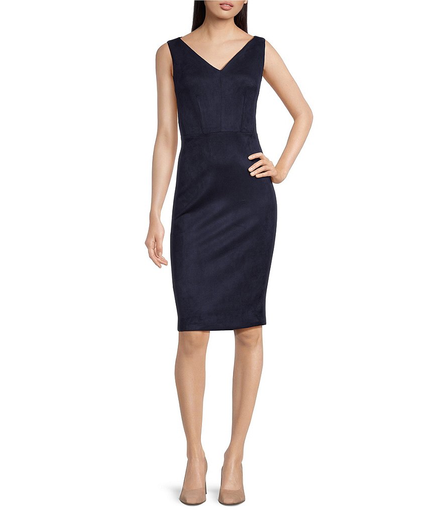 Calvin Klein Sleeveless Seam Front Scuba Crepe Crew Neck Sheath Dress