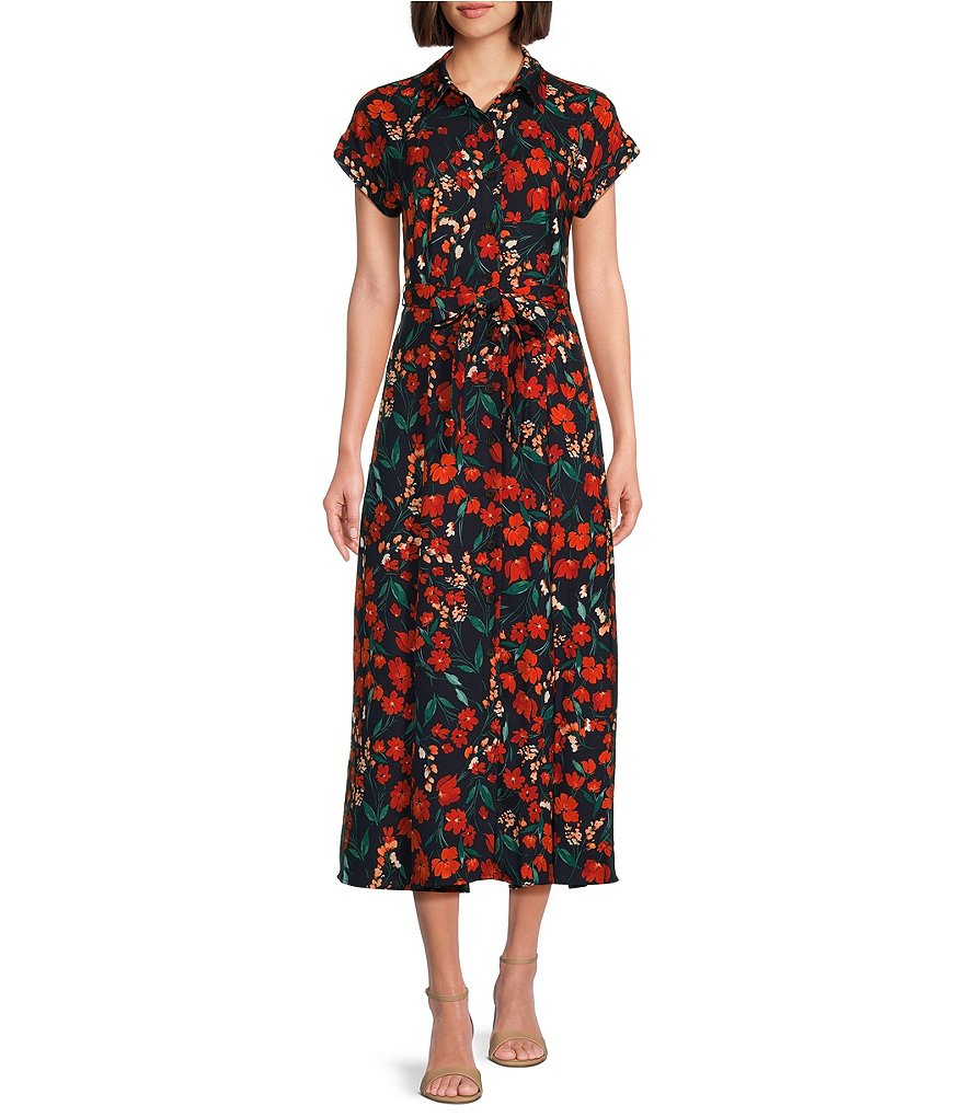 Calvin Klein Short Sleeve Collared Neck Tie Waist Floral Midi Dress Dillard s