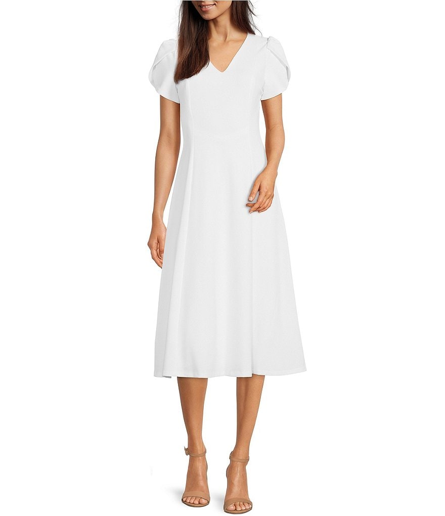 Calvin Klein Scuba Crepe Short Tulip Sleeve V-Neck A-Line Midi