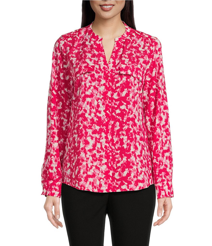 Calvin Klein Soft Crepe Floral Print Y-Neck Long Roll-Tab Sleeve Button  Front Blouse