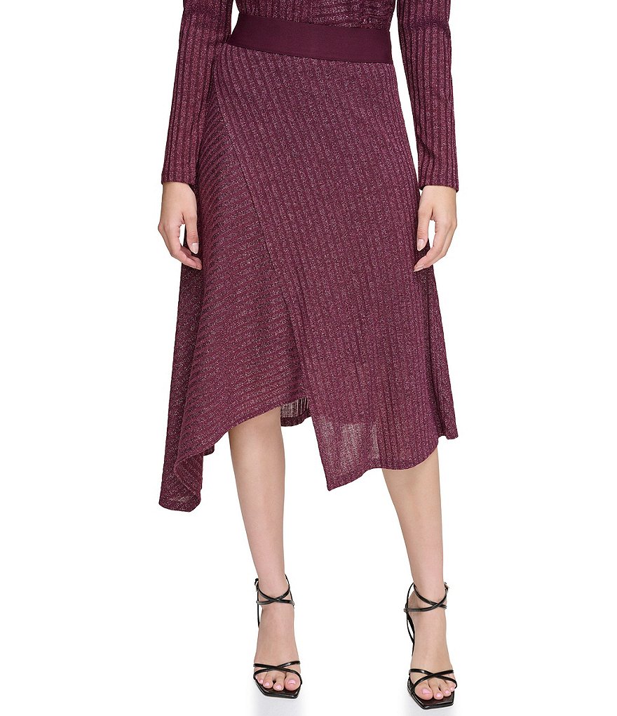 Calvin Klein Solid Lurex Coordinating Pull-On Knit Angled Metallic Skirt Dillard\'s Hem 